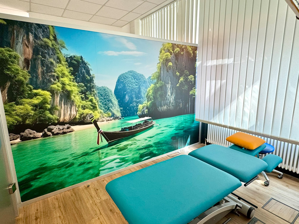 Behandlungsraum der Physiotherapie Dennis Mann in Mannheim mit entspannendem Wandbild einer tropischen Landschaft und komfortabler Behandlungsliege.