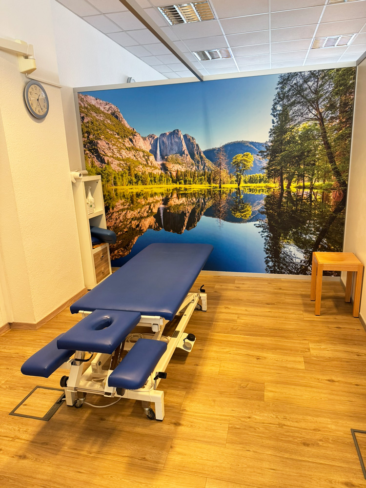 Therapieraum der Physiotherapie Dennis Mann Mannheim mit Landschaftsmotiv einer Berg- und Seenlandschaft, inklusive einer hochwertigen und komfortablen Behandlungsliege.